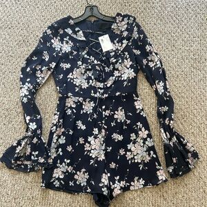 INTERMIX Navy Floral Lace-Up V-Neck Romper with Flowers